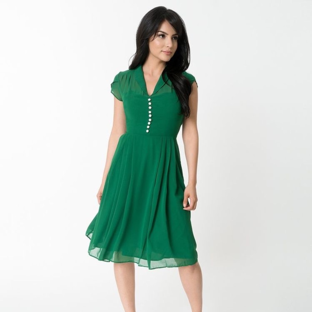 Unique Vintage Green Chiffon Cap Sleeve Paige Dress